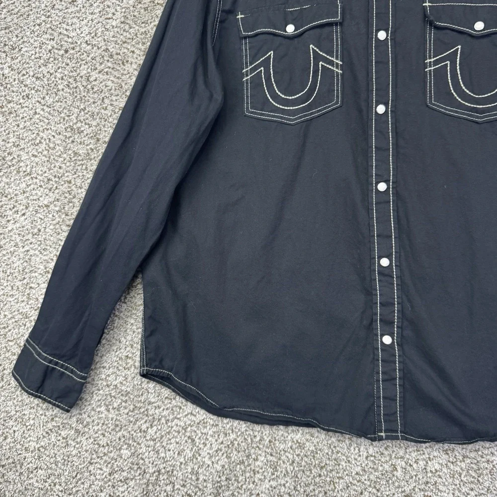 True Religion Big T Western Shirt Men's Size 2XL XXL Jet Black Pearl Snap Cowboy